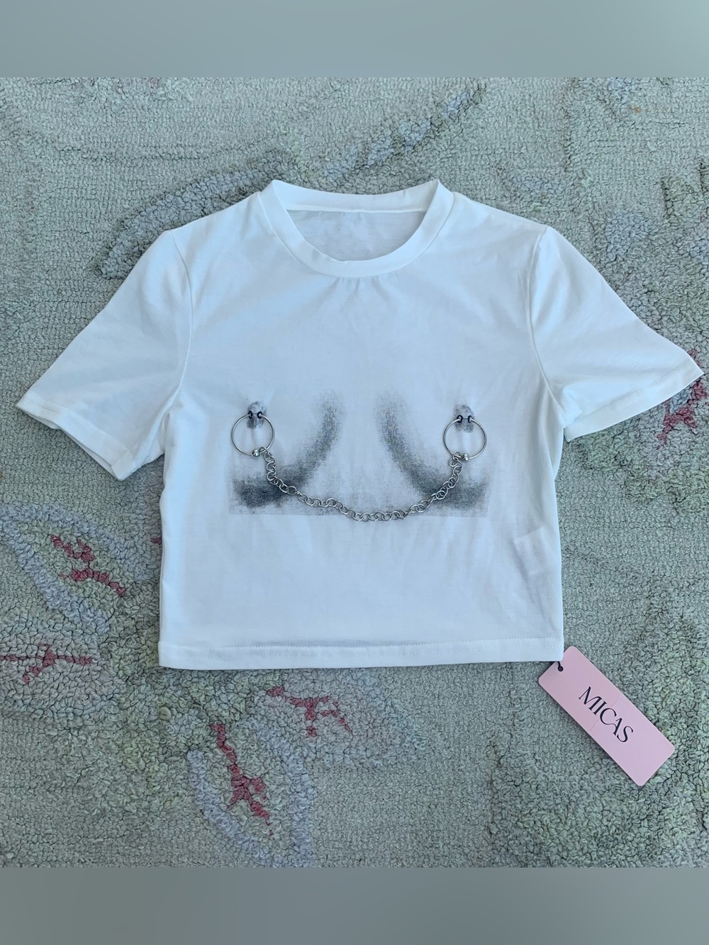 MICAS Pierced Graphic Crop Top with Chain Detail size small